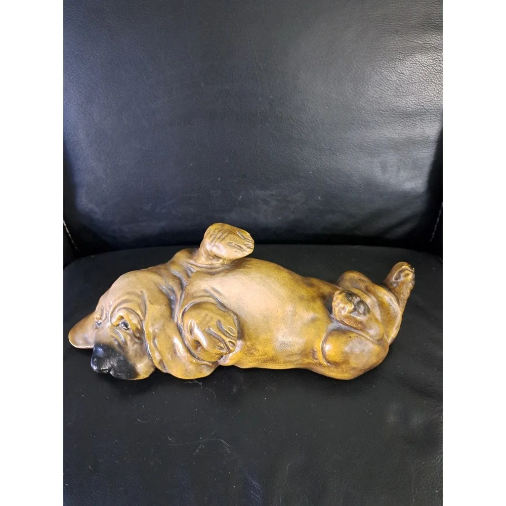 Vintage Chalkware Bassett Hound Dog Sad Eyes Laying On His Back Brown Black 12 